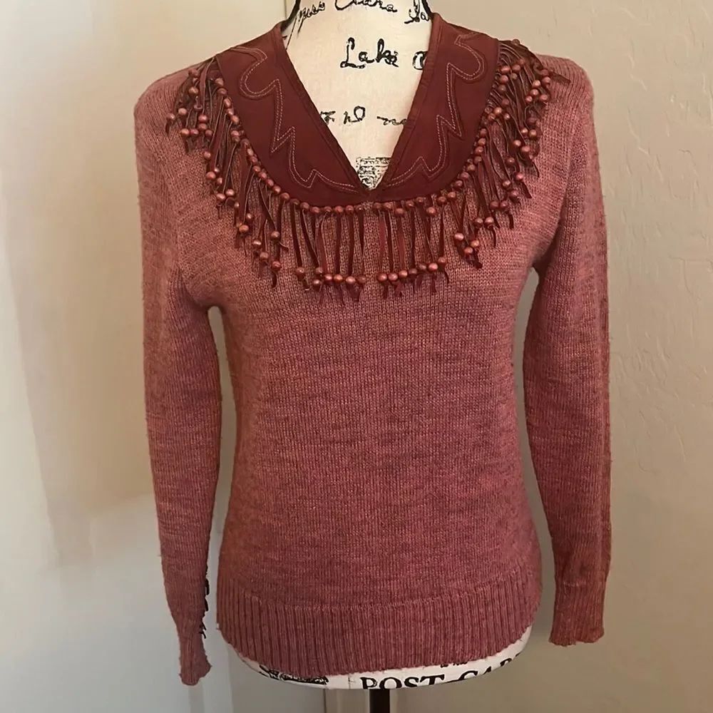 Vintage Miller Miller Fringe Suede Detailed Collar Sweater Boho Western Cowgirl
